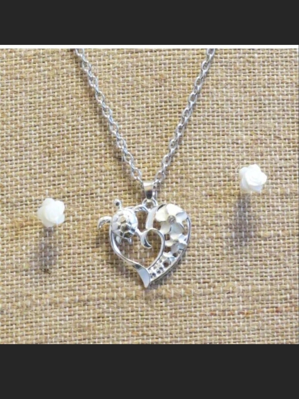 Source Unknown Silver Heart Necklace with Turtle Motif